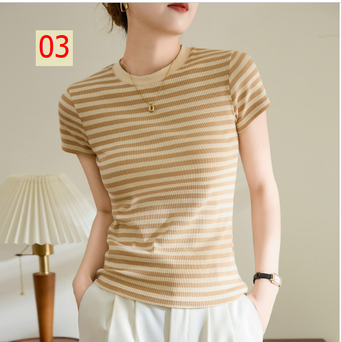 24HA57.09 - ÁO CỘC CỔ TRÒN KẺ NGANG CHO NỮ