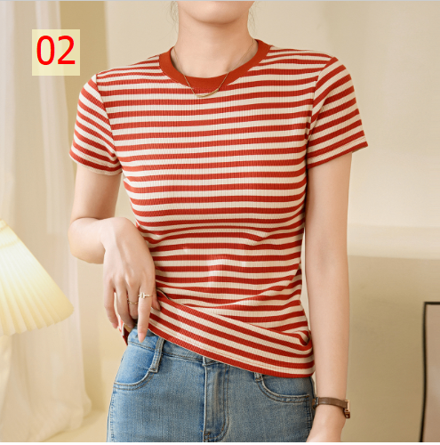 24HA57.09 - ÁO CỘC CỔ TRÒN KẺ NGANG CHO NỮ