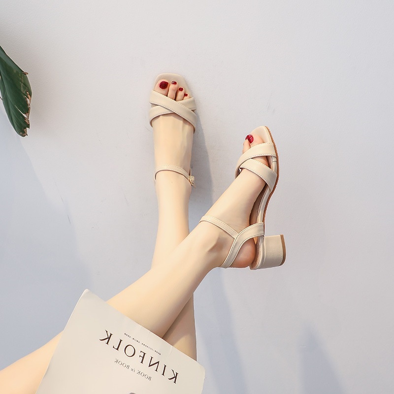 24HA117.33 - SANDAL NỮ GÓT VUÔNG HAI DÂY CHÉO