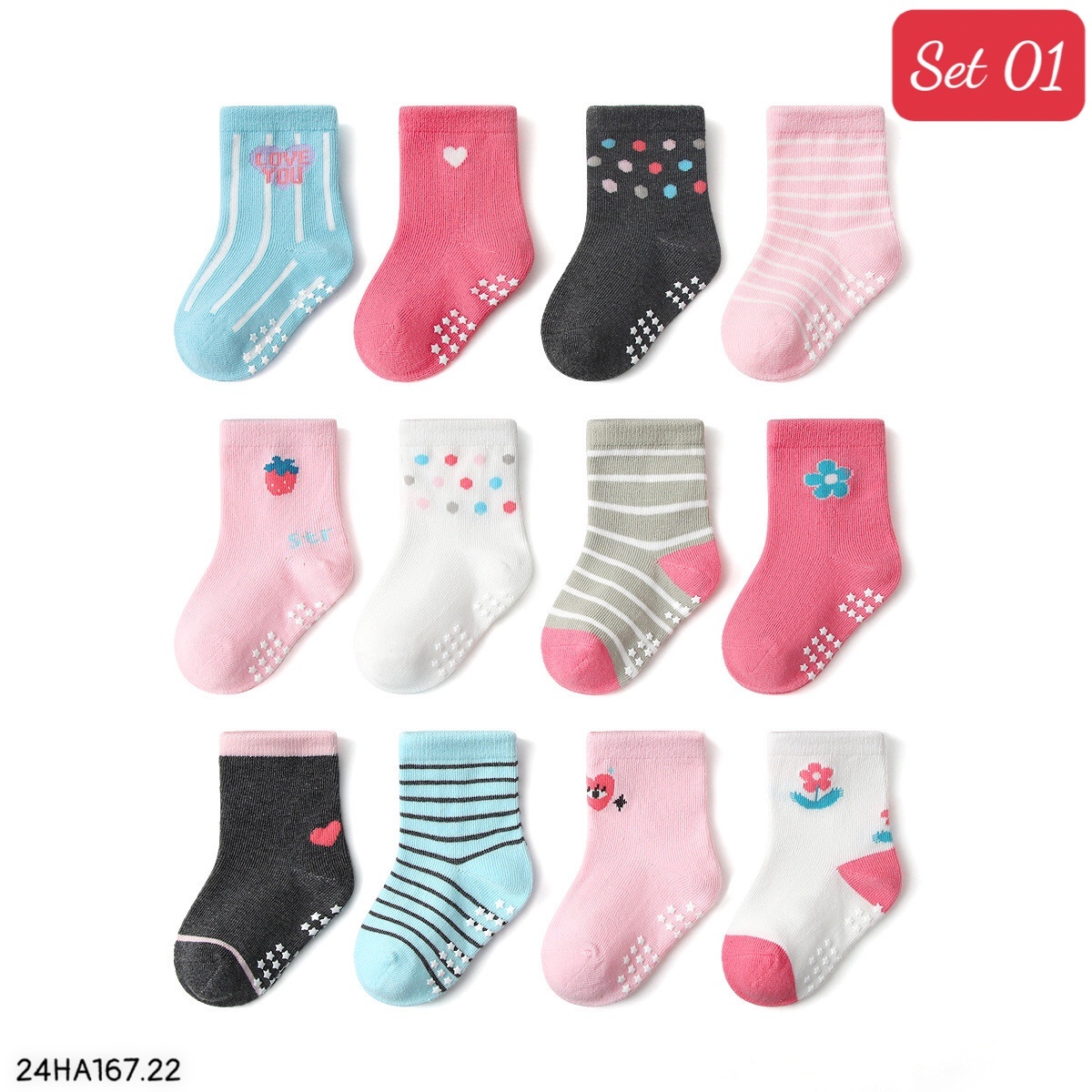 24HA167.22 - SET 12 ĐÔI TẤT CHỐNG TRƠN TRƯỢT HÃNG KID'S BASIC