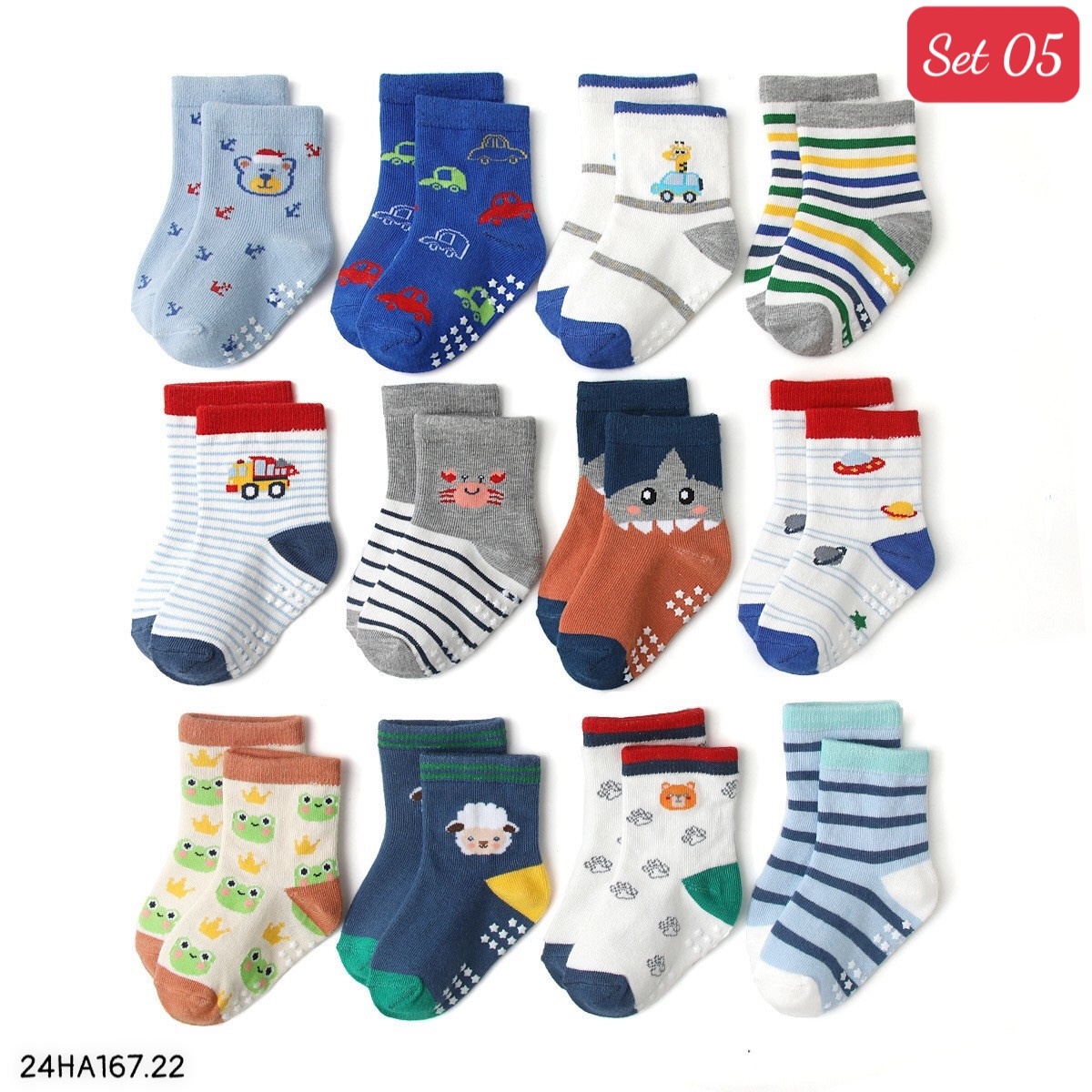 24HA167.22 - SET 12 ĐÔI TẤT CHỐNG TRƠN TRƯỢT HÃNG KID'S BASIC