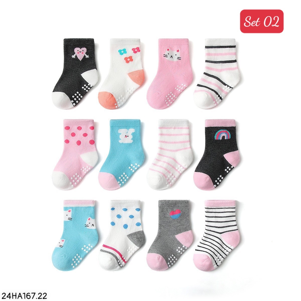 24HA167.22 - SET 12 ĐÔI TẤT CHỐNG TRƠN TRƯỢT HÃNG KID'S BASIC
