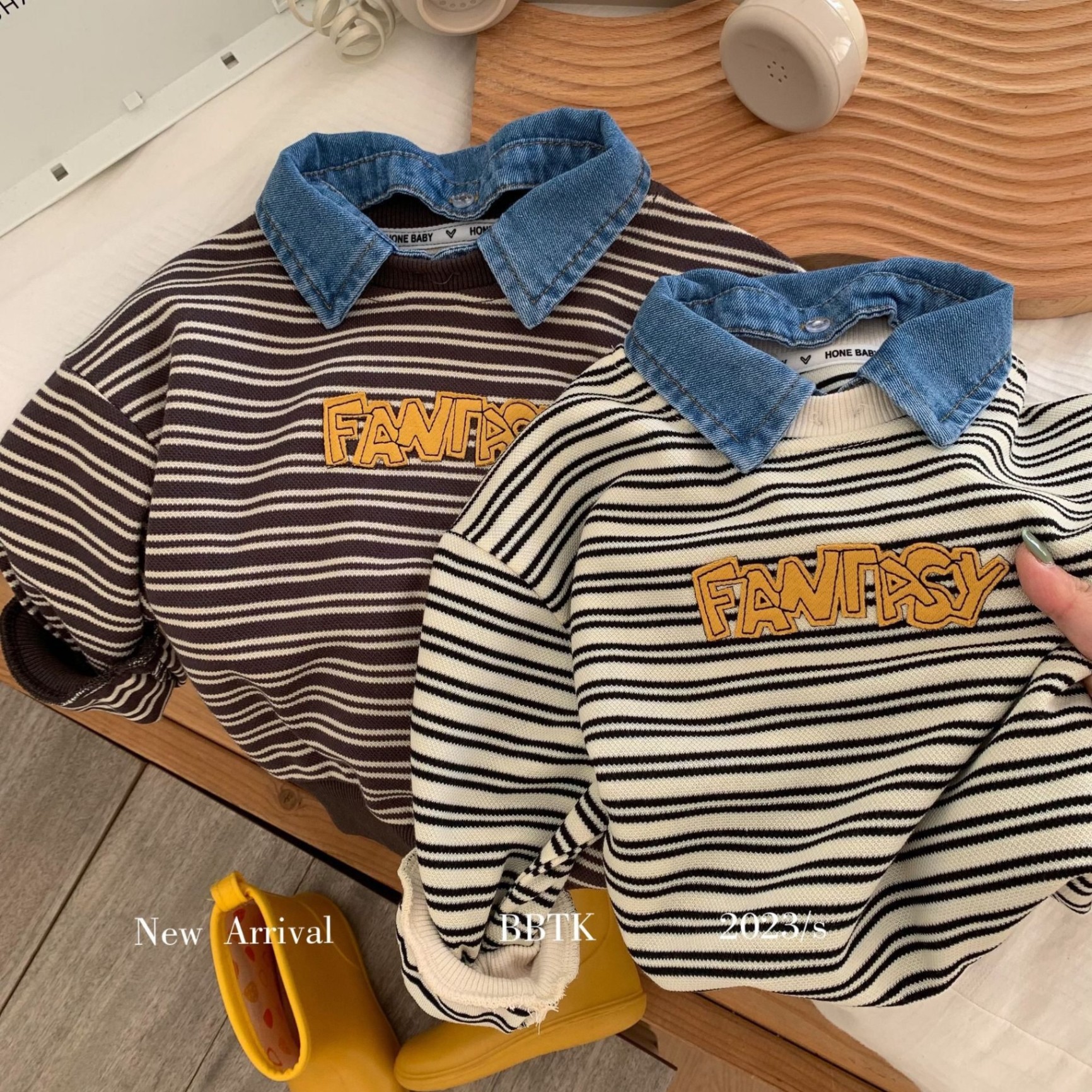 24HA257.05 - ÁO DÀI TAY MIX CỔ DENIM CHO BÉ
