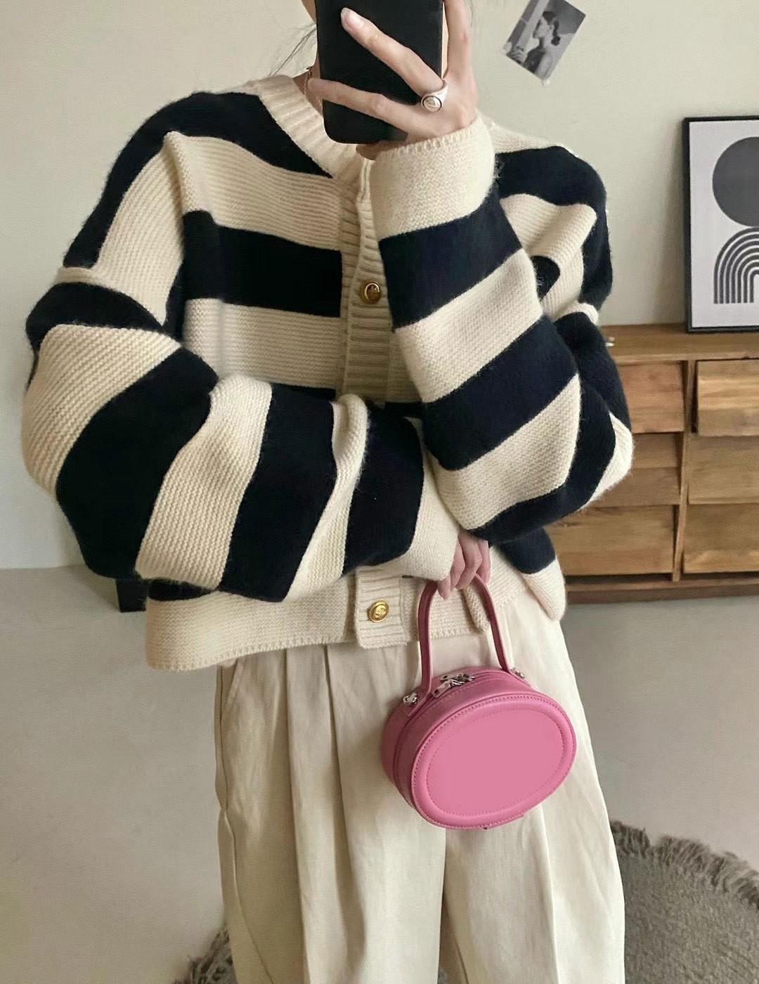 24HA48.27 - ÁO CARDIGAN NỮ KẺ NGANG