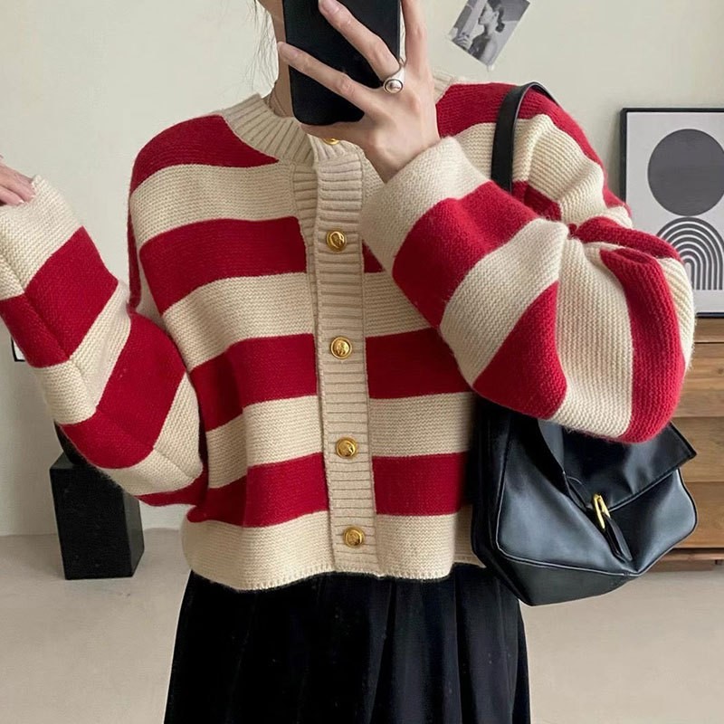24HA48.27 - ÁO CARDIGAN NỮ KẺ NGANG