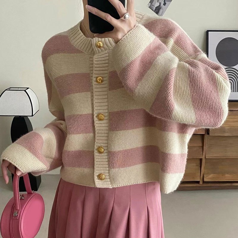 24HA48.27 - ÁO CARDIGAN NỮ KẺ NGANG
