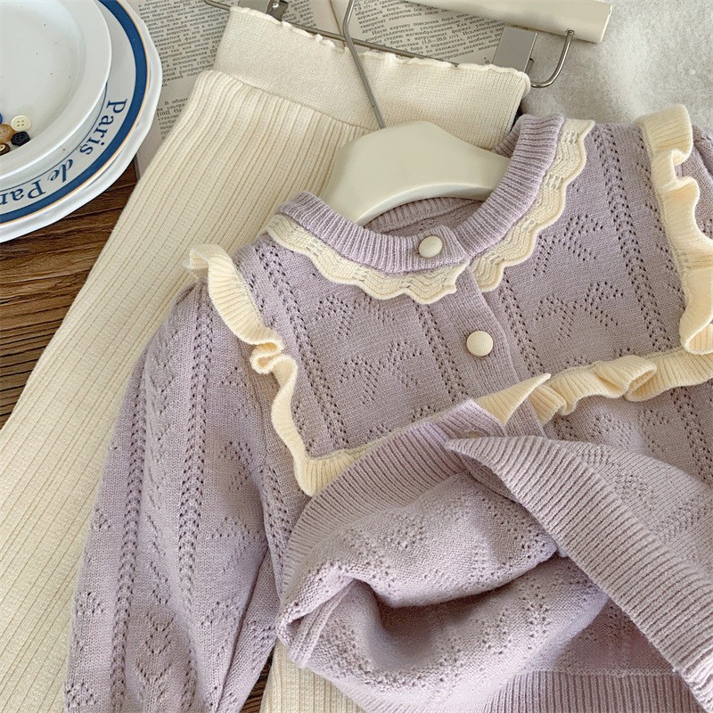 24HA139.07-ÁO CARDIGAN LEN TÍM PHONG CÁCH HQ BÉ GÁI