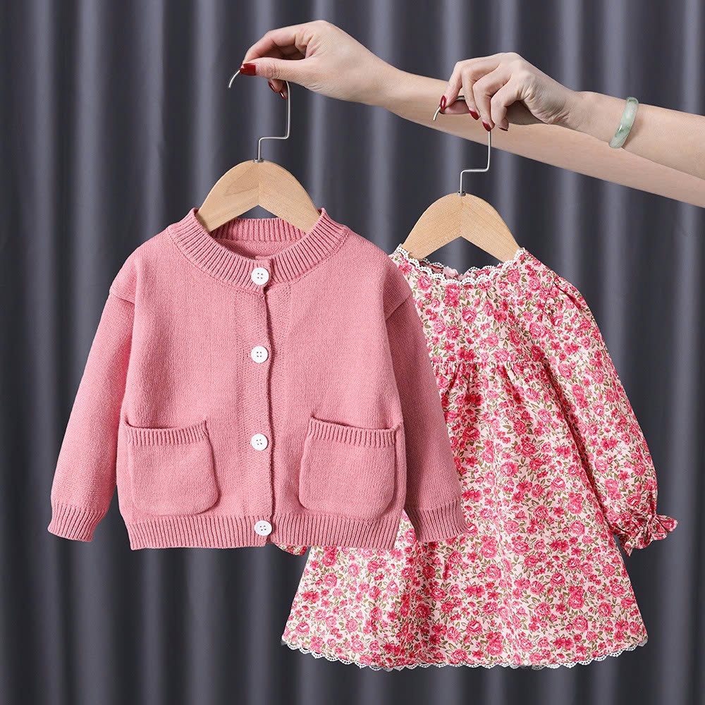 24HA139.08 - SET VÁY KÈM ÁO LEN CARDIGAN CHO BÉ