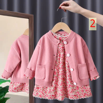 24HA139.08 - SET VÁY KÈM ÁO LEN CARDIGAN CHO BÉ
