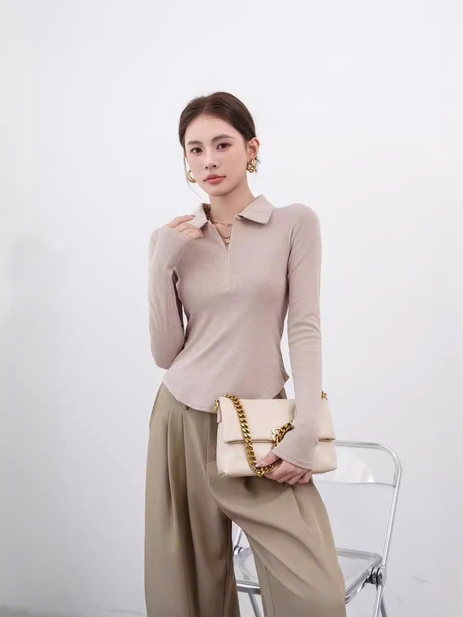 24HA279.07 - ÁO THUN CỔ POLO KÉO KHÓA NỮ