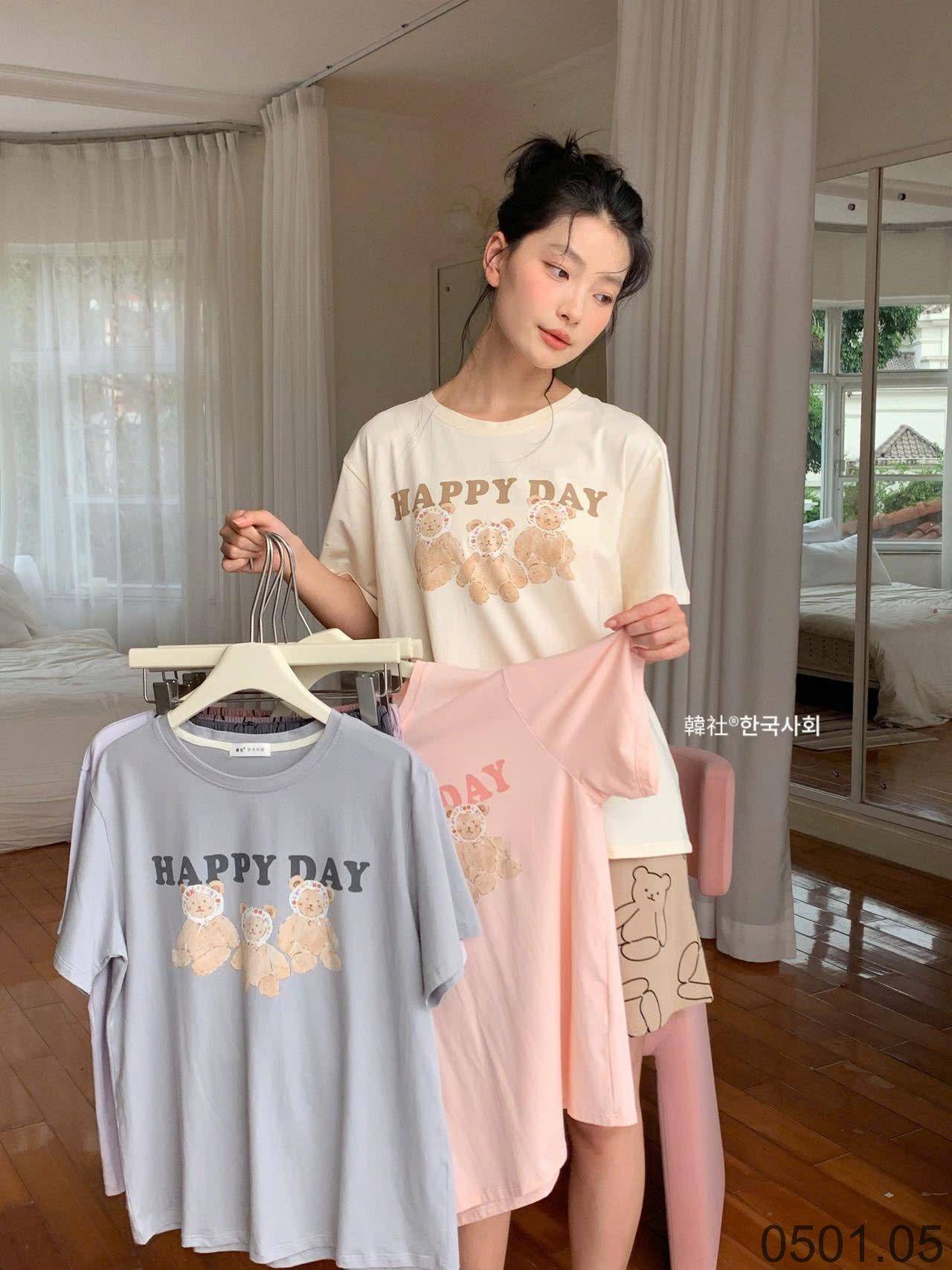 25HA0501.05 - BỘ COTTON HÌNH GẤU HAPPY DAY XUẤT HÀN