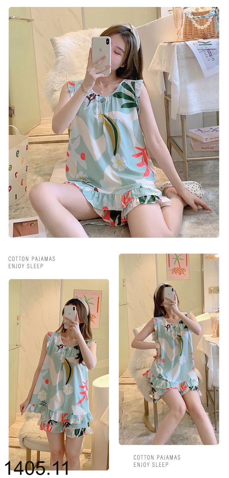 25HA1405.11 - BỘ LANH LỤA ĐÙI TAY BÈO CHO NỮ
