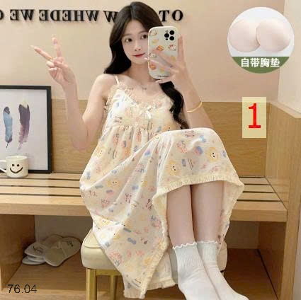25HA76.04 - VÁY NGỦ 2 DÂY HỌA TIẾT KÈM ĐỆM NGỰC