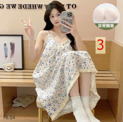 25HA76.04 - VÁY NGỦ 2 DÂY HỌA TIẾT KÈM ĐỆM NGỰC