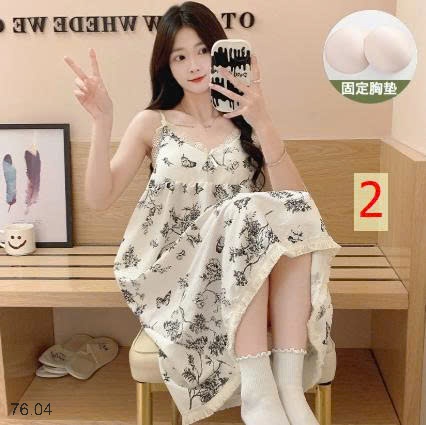 25HA76.04 - VÁY NGỦ 2 DÂY HỌA TIẾT KÈM ĐỆM NGỰC