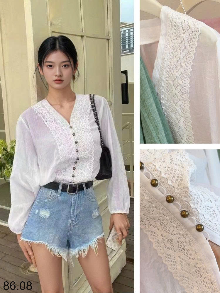 25HA86.08 - ÁO SƠ MI REN CỔ V CHO NỮ