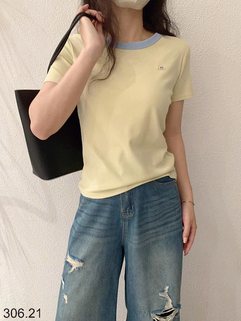 25HA306.21 - ÁO COTTON CỔ TRÒN PHỐI MÀU NỮ