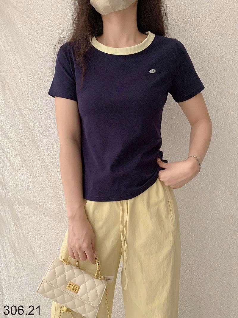 25HA306.21 - ÁO COTTON CỔ TRÒN PHỐI MÀU NỮ