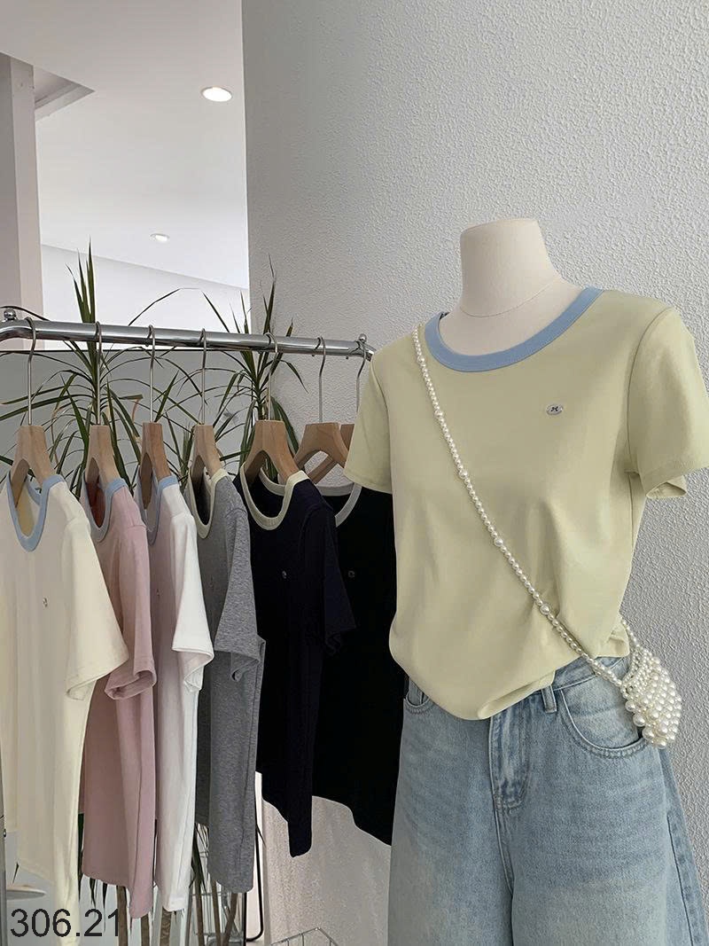 25HA306.21 - ÁO COTTON CỔ TRÒN PHỐI MÀU NỮ