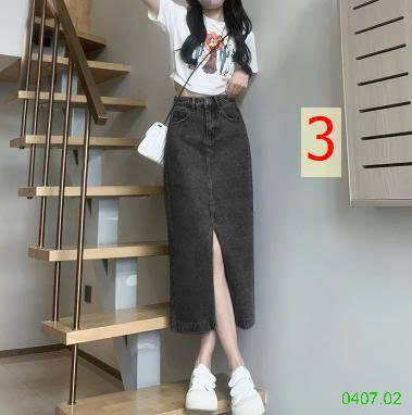 25HA0407.02 - CHÂN VÁY JEAN CHỮ A DÁNG DÀI XẺ TRƯỚC