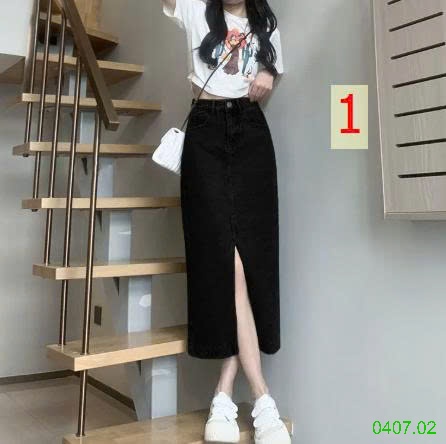 25HA0407.02 - CHÂN VÁY JEAN CHỮ A DÁNG DÀI XẺ TRƯỚC