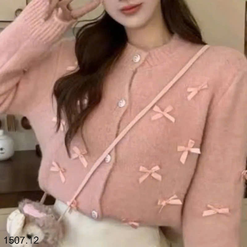 25HA1507.12 - ÁO LEN CARDIGAN ĐÍNH NƠ CHO NỮ