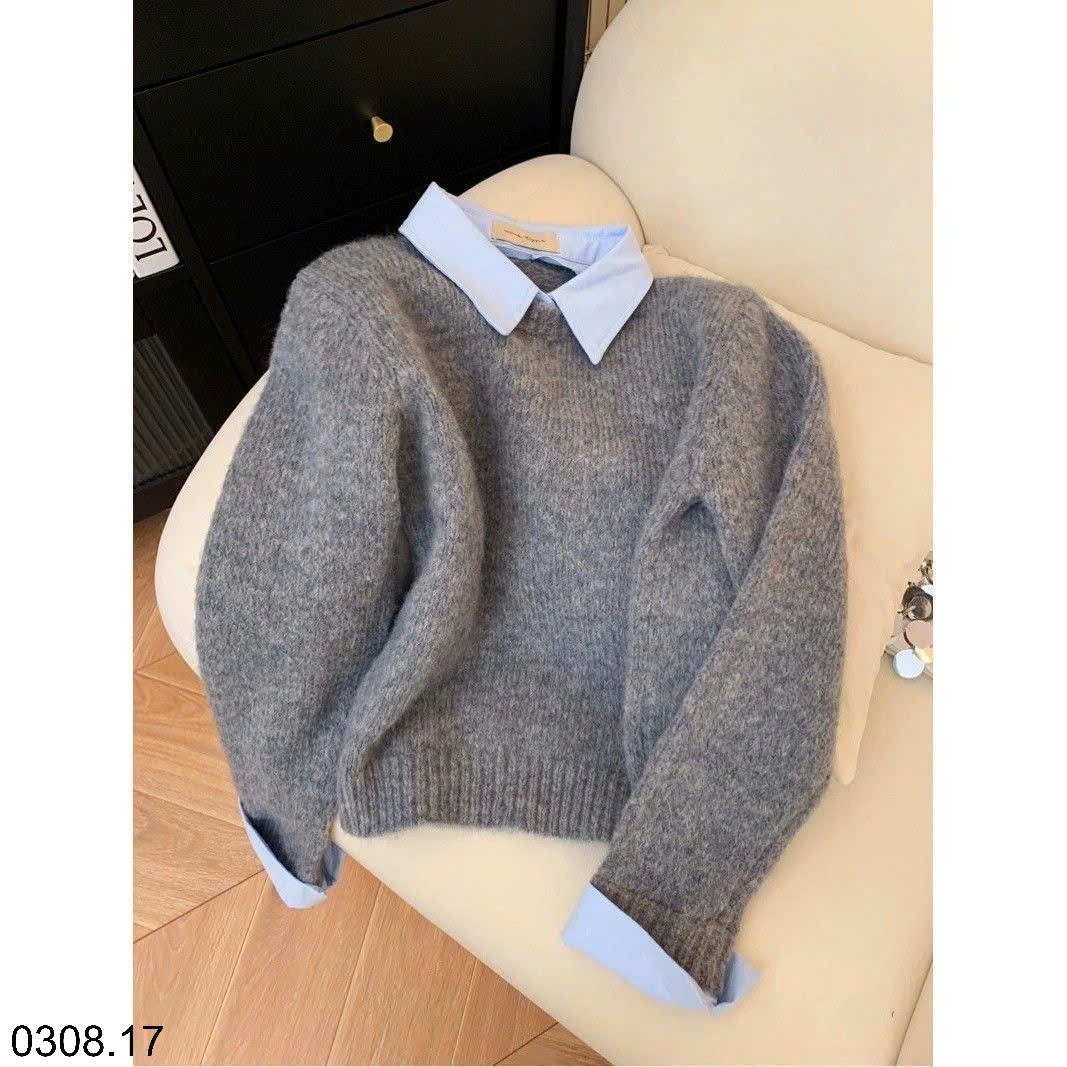 25HA0308.17 - ÁO LEN CỔ SƠ MI XANH