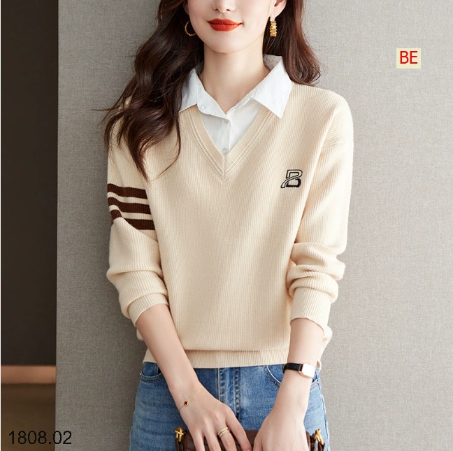 25HA1808.02 - ÁO LEN PHỐI CỔ SƠ MI CHO NỮ