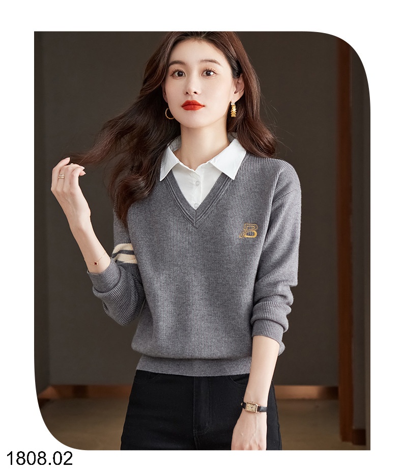 25HA1808.02 - ÁO LEN PHỐI CỔ SƠ MI CHO NỮ