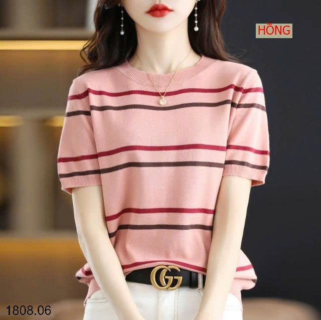 25HA1808.06 - ÁO LEN KẺ CỘC TAY MONGTEGHI NỮ