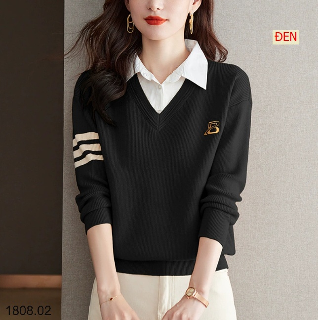 25HA1808.02 - ÁO LEN PHỐI CỔ SƠ MI CHO NỮ