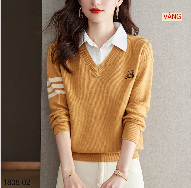 25HA1808.02 - ÁO LEN PHỐI CỔ SƠ MI CHO NỮ