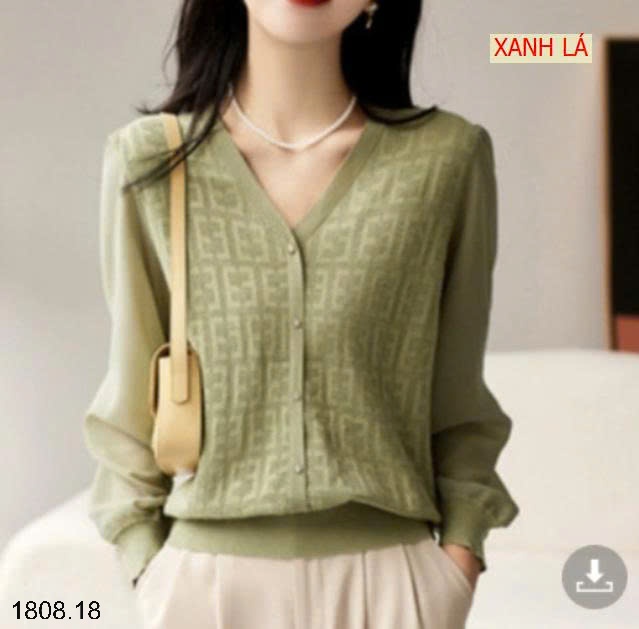 25HA1808.18 - ÁO DỆT KIM CỔ V PHỐI TAY VOAN