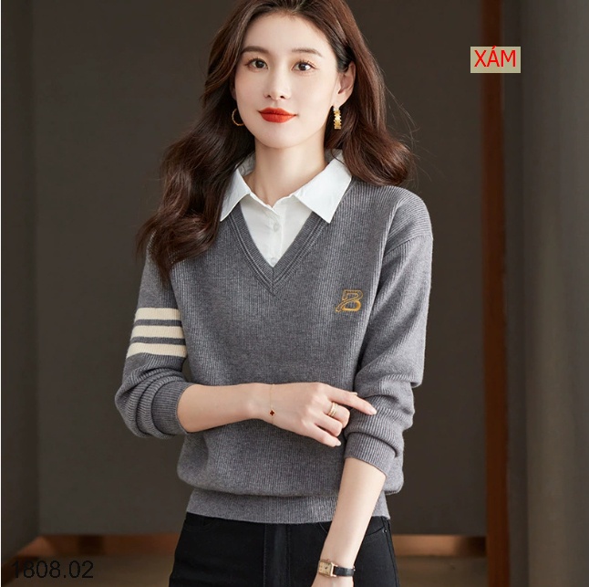 25HA1808.02 - ÁO LEN PHỐI CỔ SƠ MI CHO NỮ