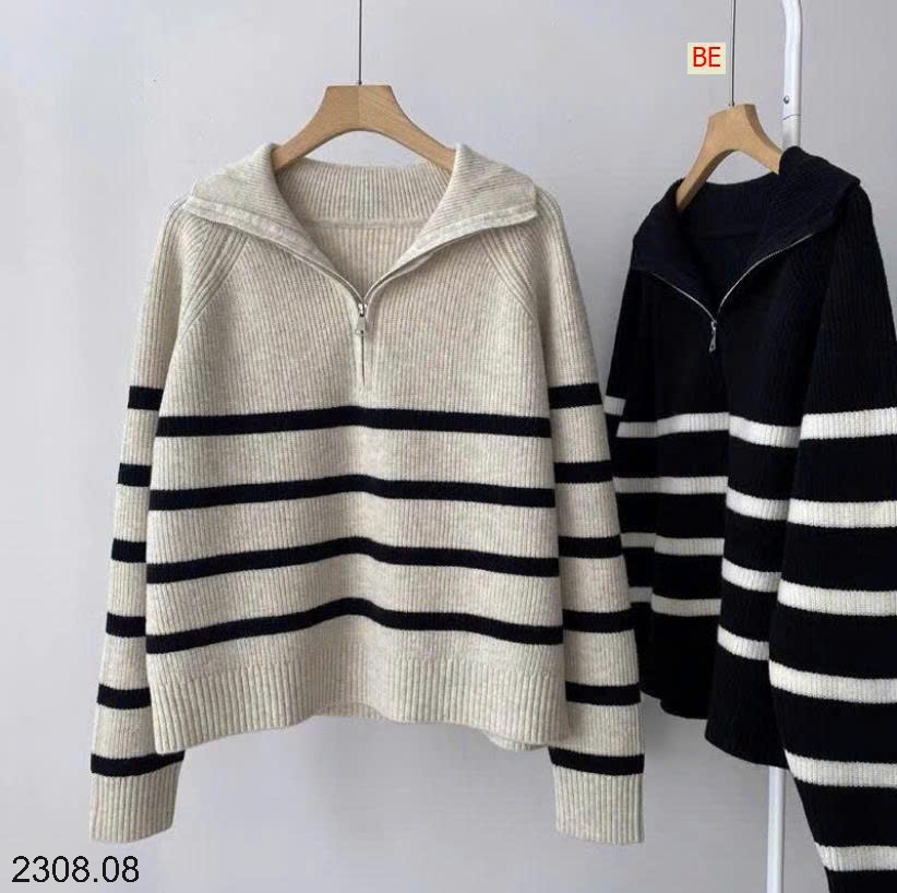 25HA2308.08 - ÁO LEN KẺ CỔ KÉO KHÓA NỮ