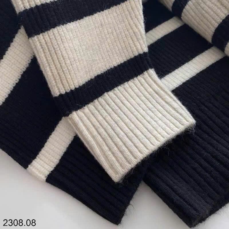 25HA2308.08 - ÁO LEN KẺ CỔ KÉO KHÓA NỮ