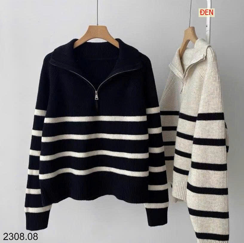 25HA2308.08 - ÁO LEN KẺ CỔ KÉO KHÓA NỮ
