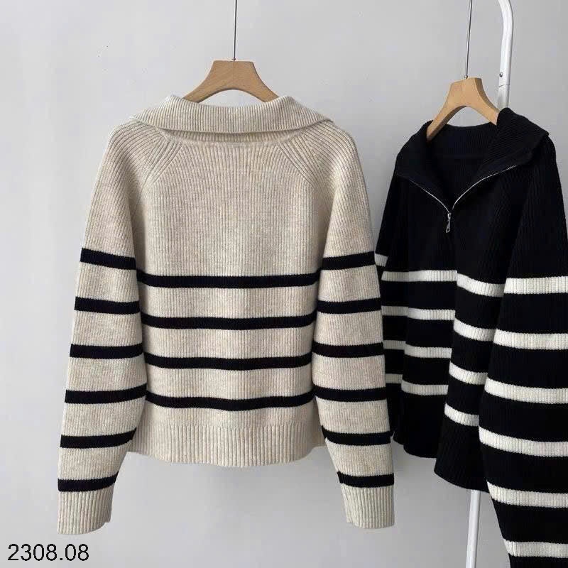 25HA2308.08 - ÁO LEN KẺ CỔ KÉO KHÓA NỮ
