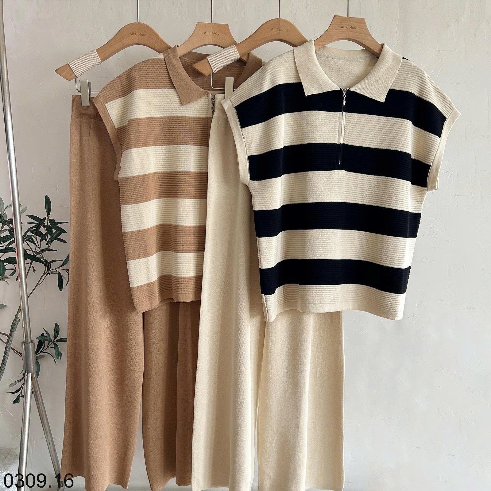 25HA0309.16 - SET DỆT KIM POLO TAY HẾN PHỐI QUẦN ỐNG RỘNG