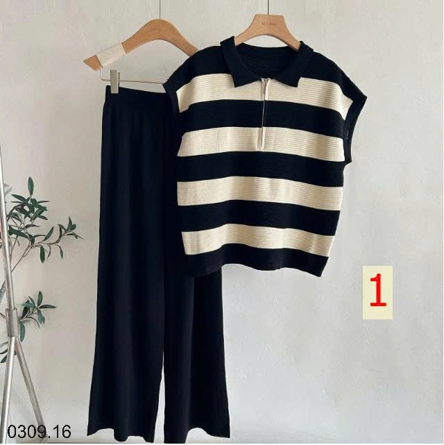 25HA0309.16 - SET DỆT KIM POLO TAY HẾN PHỐI QUẦN ỐNG RỘNG