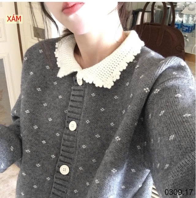 25HA0309.17 - CARDIGAN LEN CHẤM BI CỔ VIỀN BÈO
