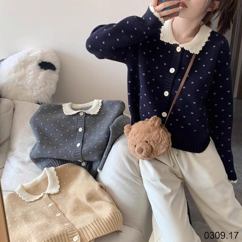 25HA0309.17 - CARDIGAN LEN CHẤM BI CỔ VIỀN BÈO