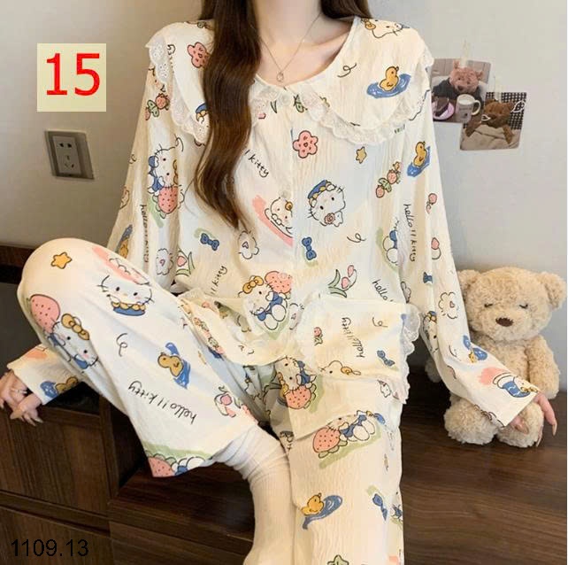 25HA1109.13 - BỘ DÀI TAY VIỀN REN MẶC NHÀ NỮ