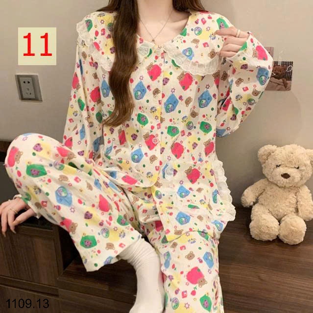 25HA1109.13 - BỘ DÀI TAY VIỀN REN MẶC NHÀ NỮ