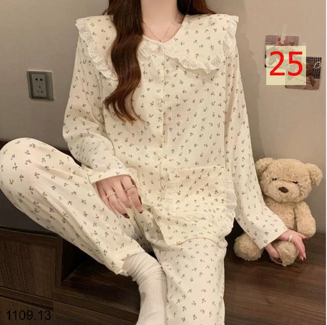 25HA1109.13 - BỘ DÀI TAY VIỀN REN MẶC NHÀ NỮ
