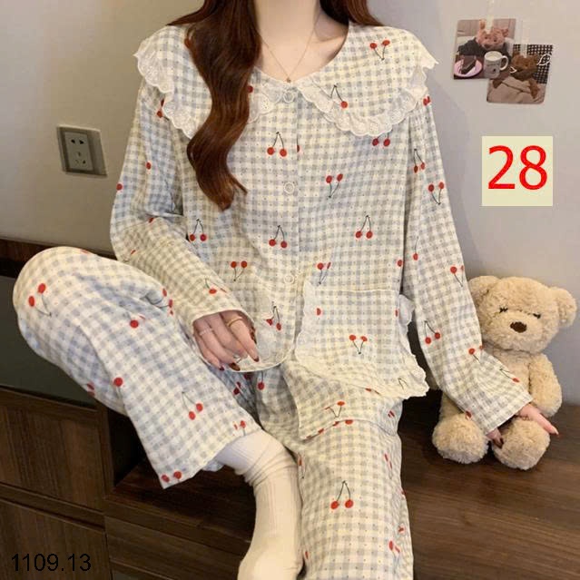 25HA1109.13 - BỘ DÀI TAY VIỀN REN MẶC NHÀ NỮ