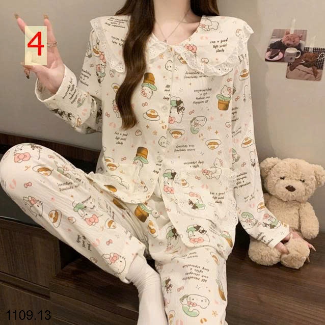 25HA1109.13 - BỘ DÀI TAY VIỀN REN MẶC NHÀ NỮ