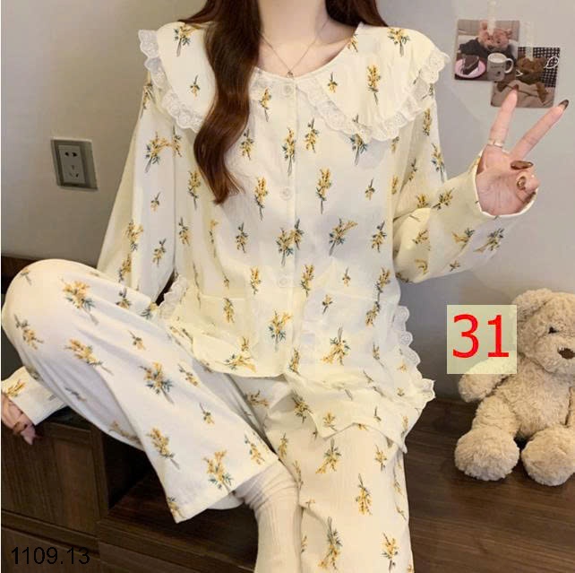 25HA1109.13 - BỘ DÀI TAY VIỀN REN MẶC NHÀ NỮ