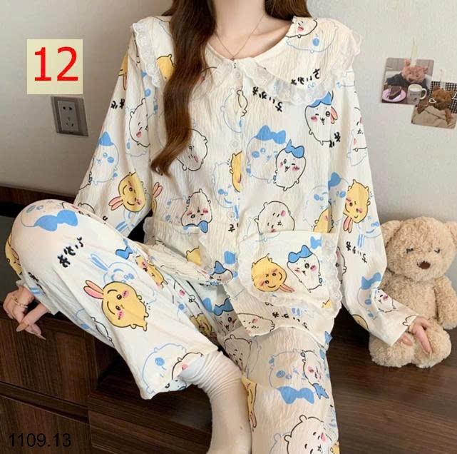 25HA1109.13 - BỘ DÀI TAY VIỀN REN MẶC NHÀ NỮ