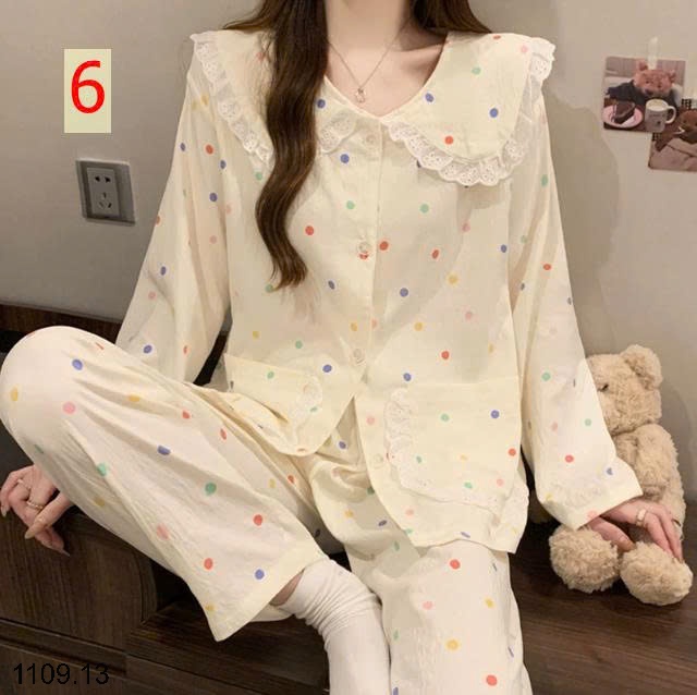 25HA1109.13 - BỘ DÀI TAY VIỀN REN MẶC NHÀ NỮ